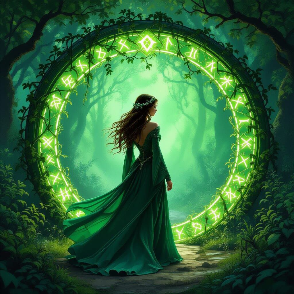 Emerald Portal Woman in Enchanted Forest
