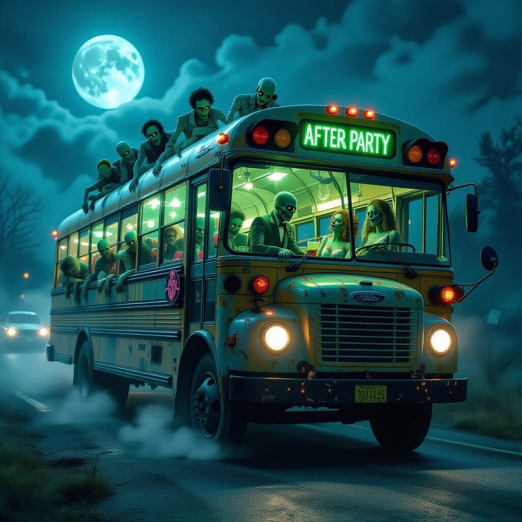 Zombie Prom Afterparty on Haunted Bus Under Eerie Moon