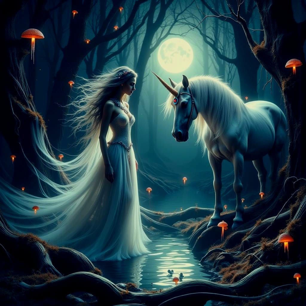 Elf and Unicorn Pond: Dark Fantasy Art