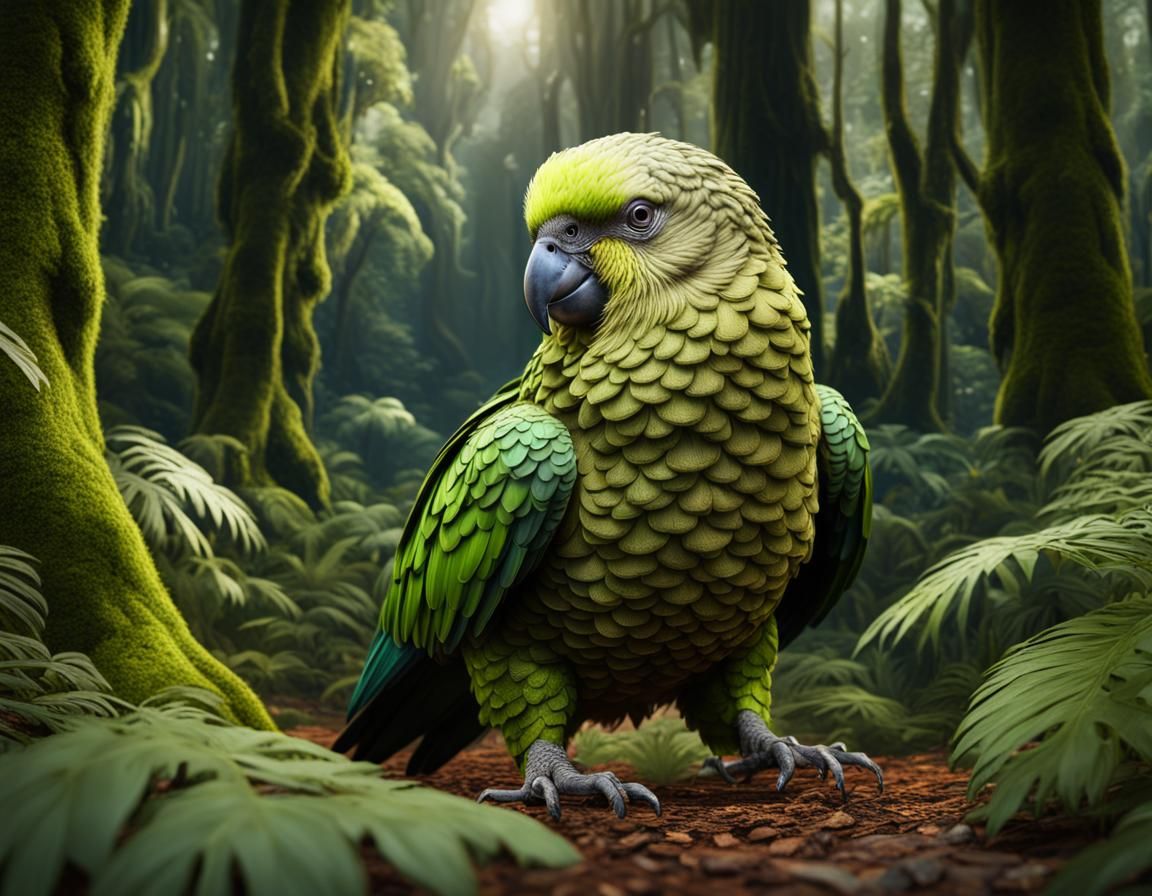 Kakapo Parrot in Forest Undergrowth: Detailed Matte Painting