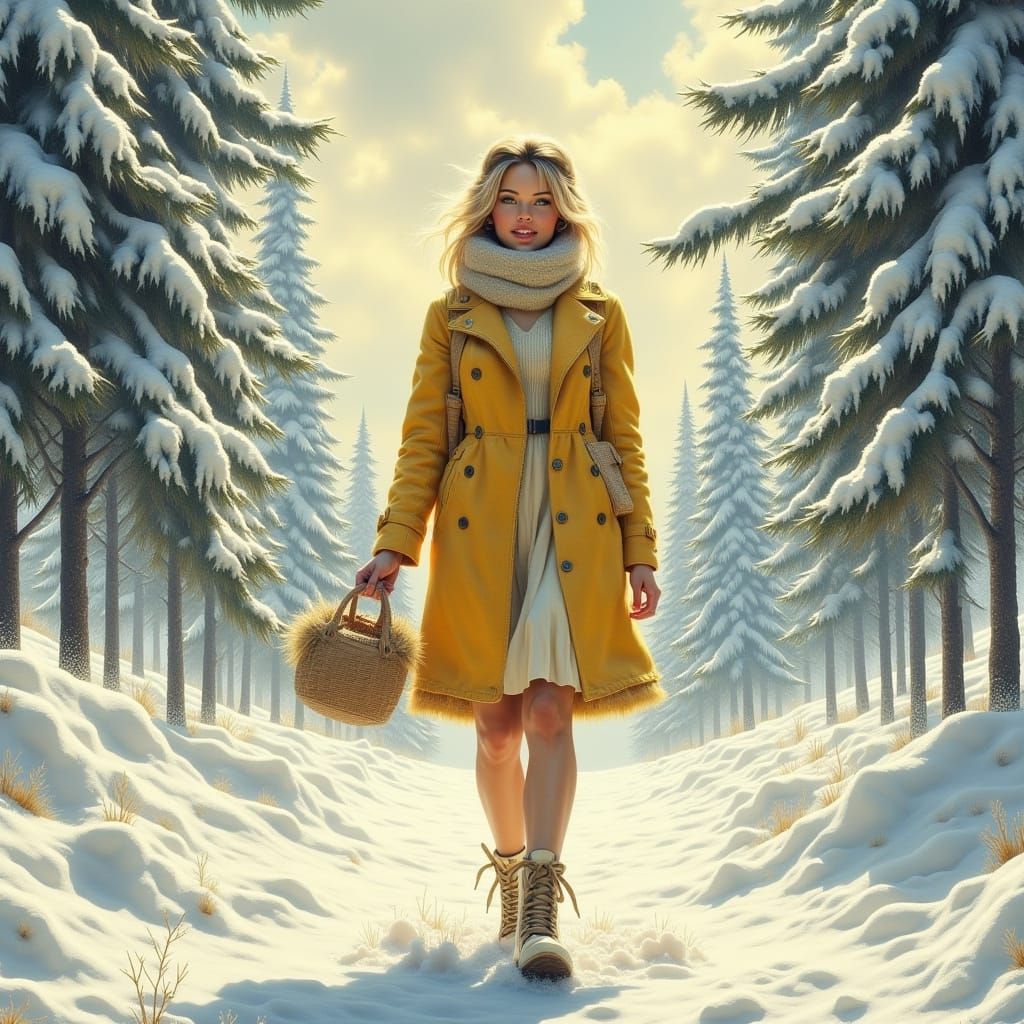 Woman in Snowy Winter Landscape with Yellow Outfit