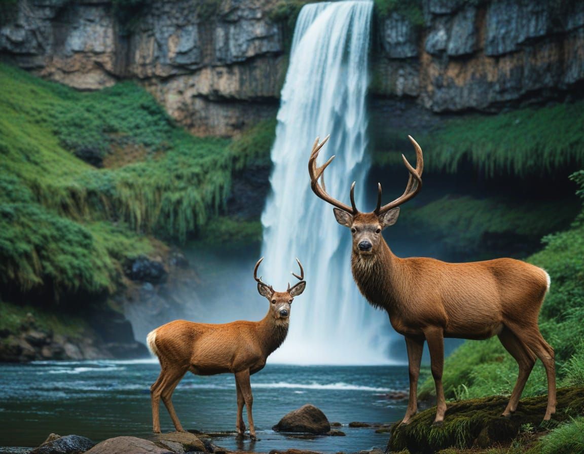 Majestic Waterfalls and Deer in Picturesque Landscape