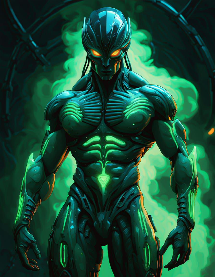 Alien Warrior in Void with Bioluminescent Tattoos