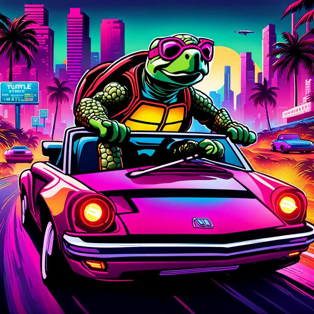 Synthwave Turtle Drives Neon Convertible Through City