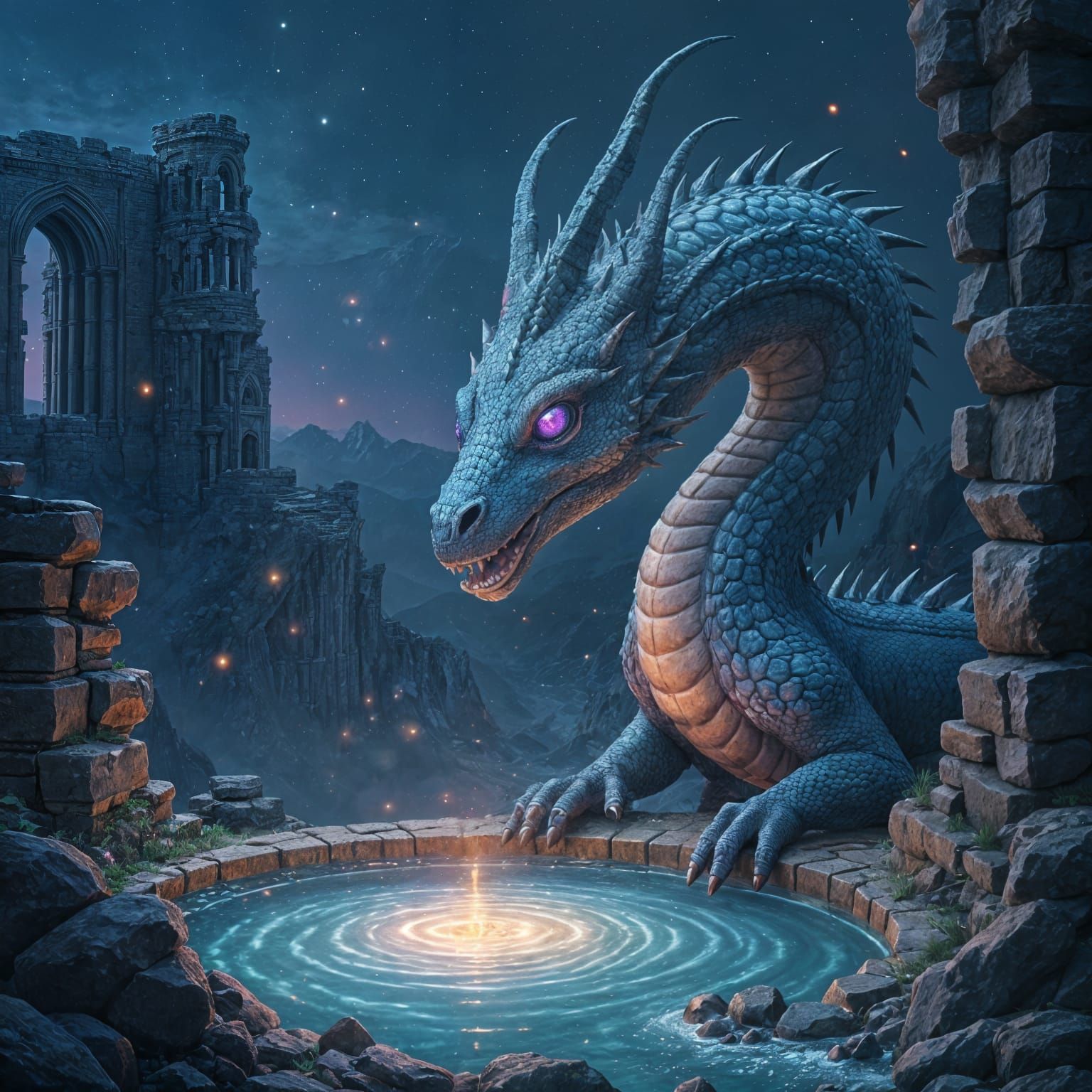 Dragon in Ancient City Ruins at Night