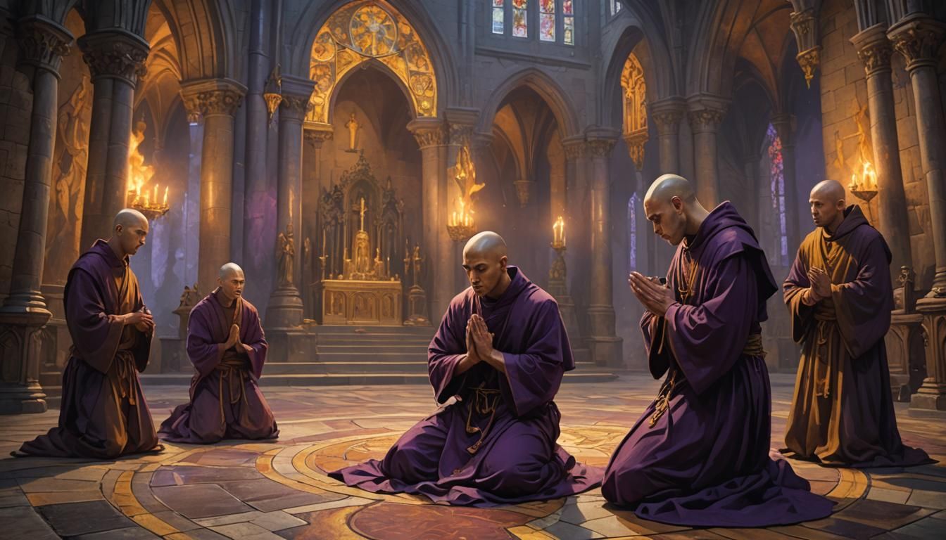 Monk's Plea in Gothic Church: Art Nouveau Dark Fantasy