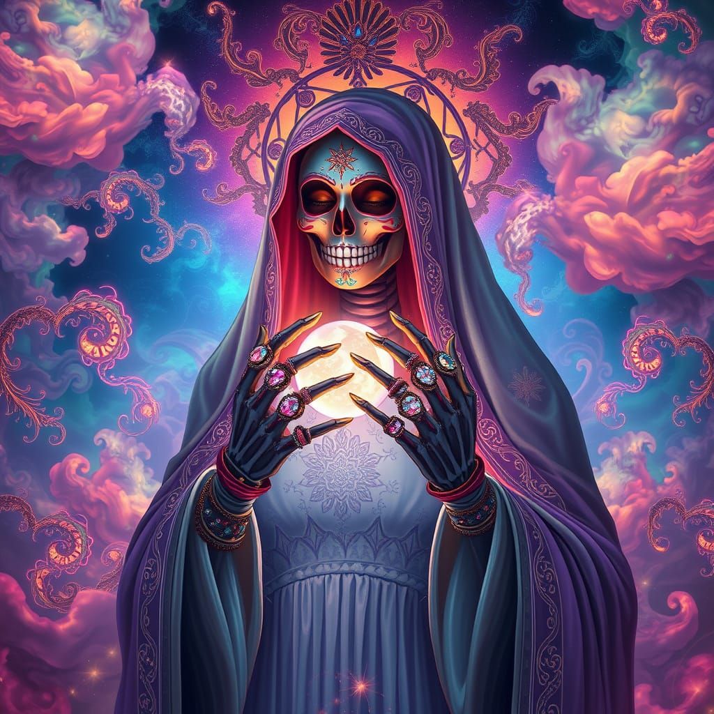 Ethereal Santa Muerte in Psychedelic Art Nouveau Realm