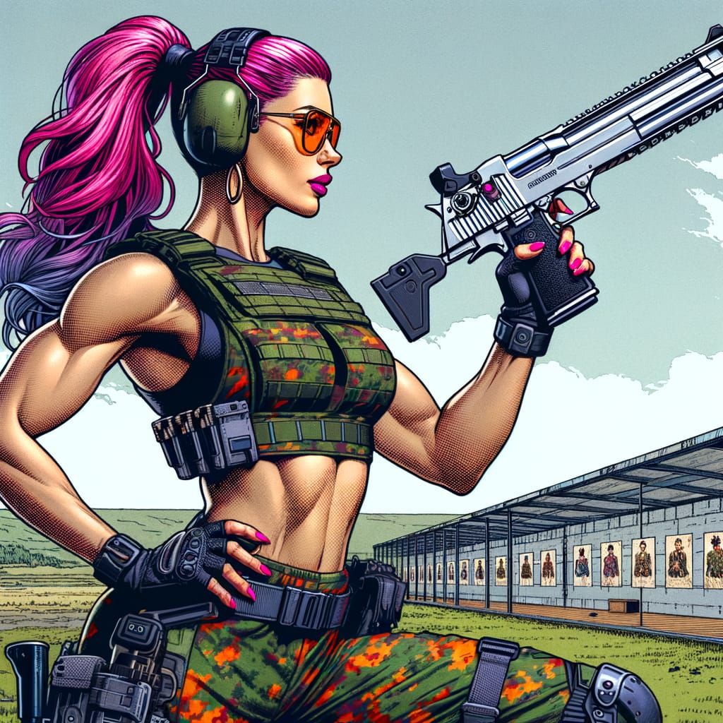 Camo-Clad Adventurer with Chrome Pistol, Comic Book Style