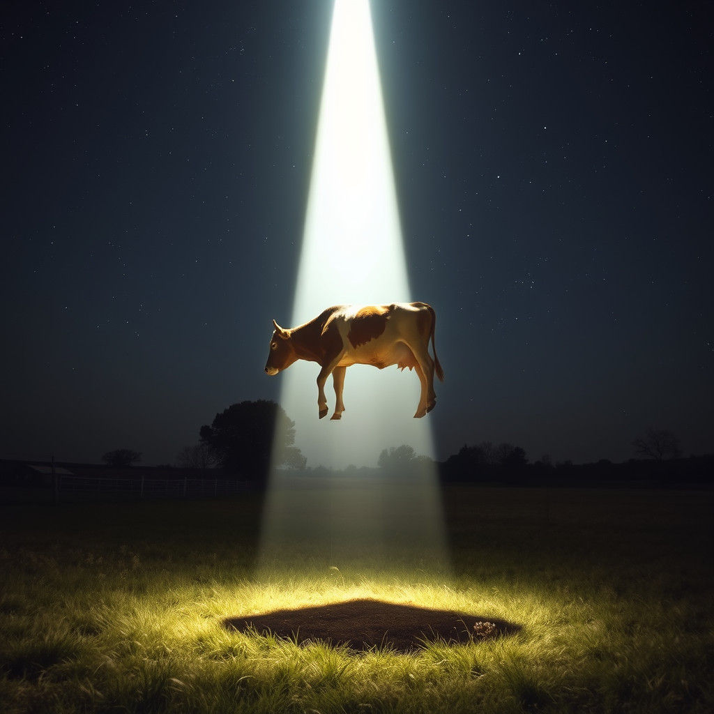 Surreal Cow Abduction in a Night Field