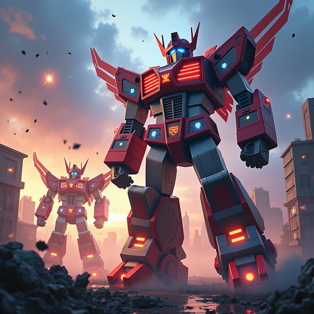 Epic Megazord Battle in Futuristic Metropolis