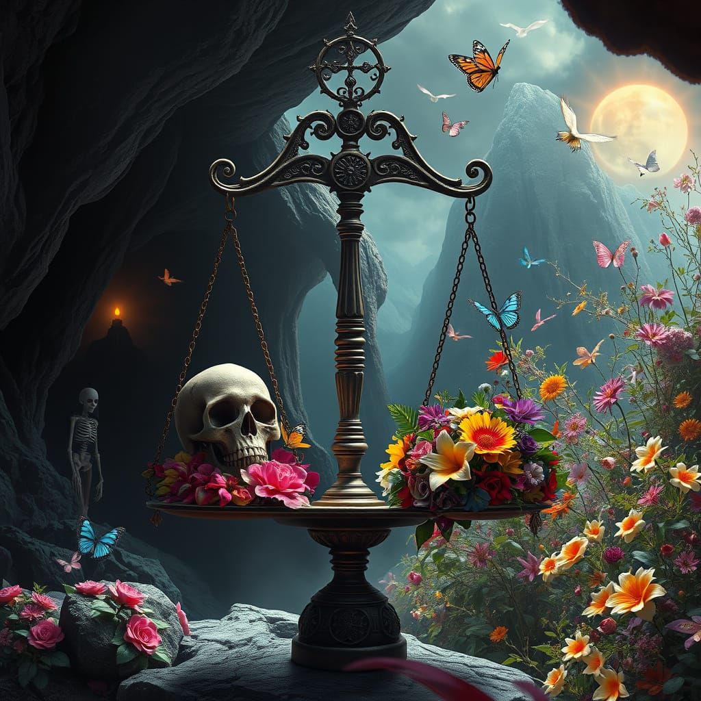 Mystical Balance of Life and Death in a Dreamlike Landscape