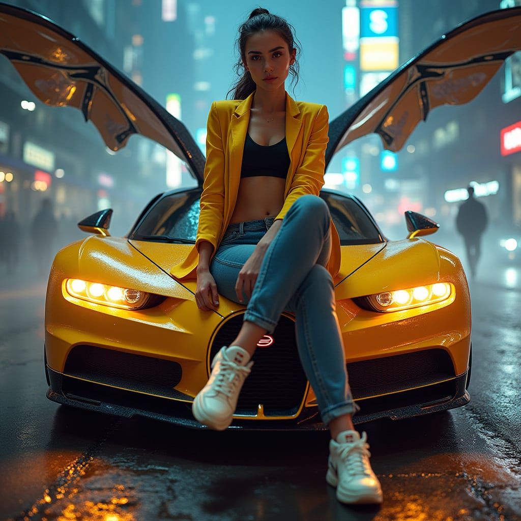 Woman on Flying Bugatti, Futuristic Digital Art