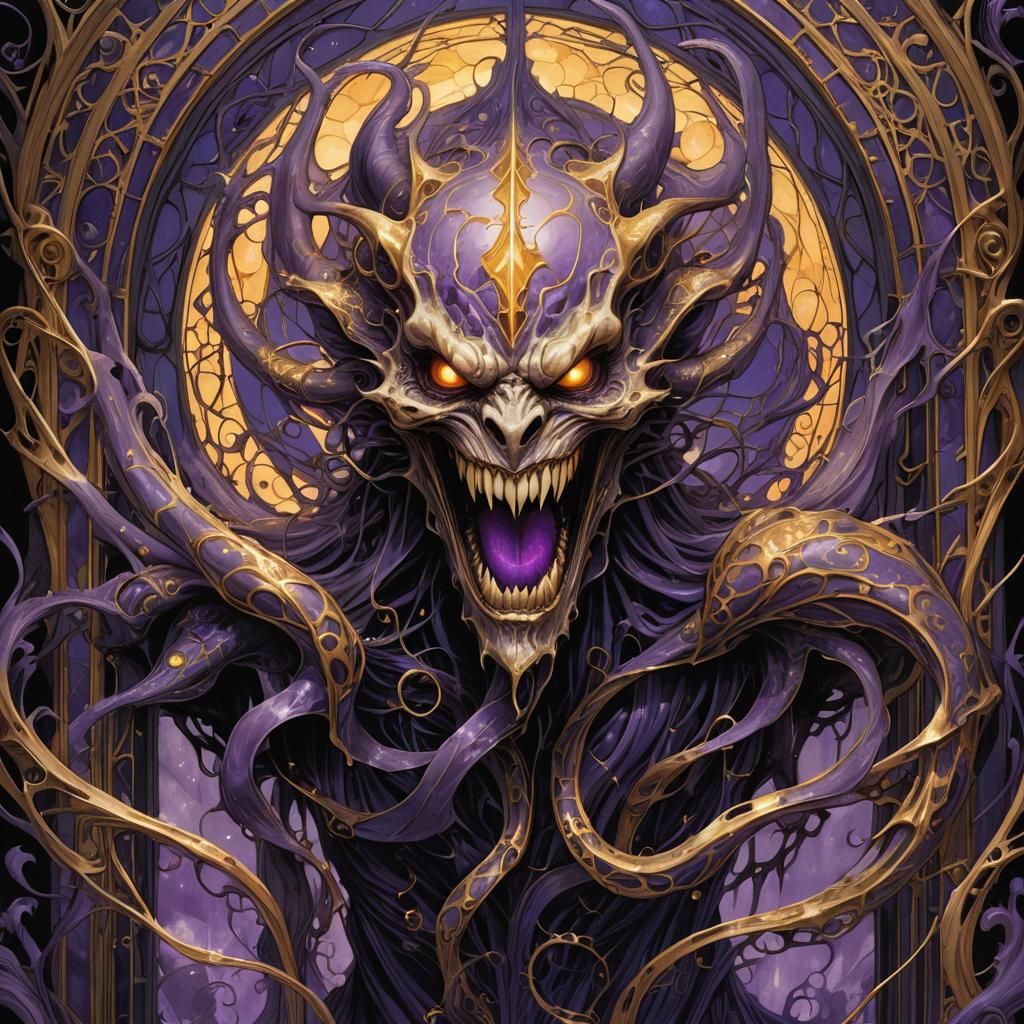 Grotesque Creature with Ethereal Glow in Art Nouveau Style