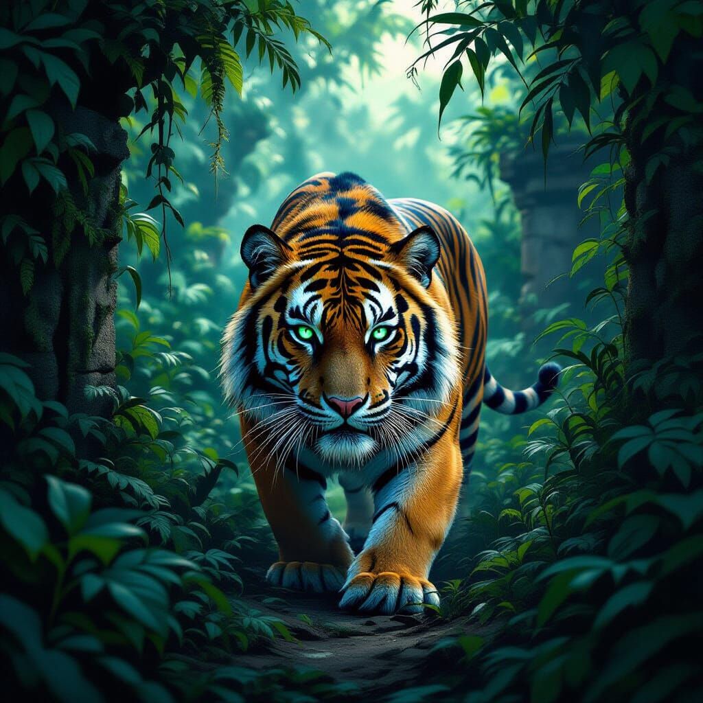 Tiger Prowls Ancient Jungle Ruins at Twilight