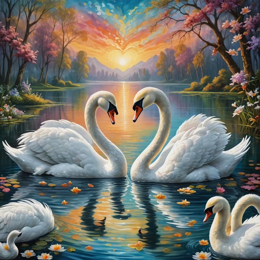 Swans Form Heart on Magical Lake: Oil Painting