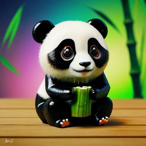 Hyperrealistic Onigiri Panda Eating Bamboo as Splash Art