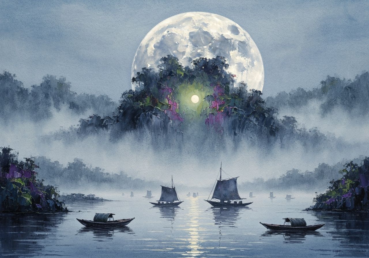 Misty Chinese Landscape with Full Moon in Watercolor Style