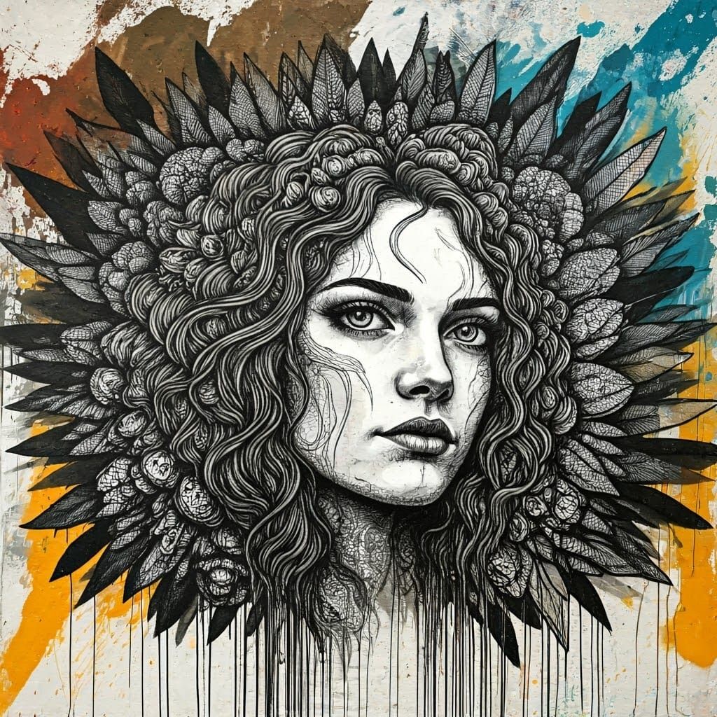 Intricate Black and White Mural with Vivid Street Art