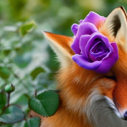 Fox Sniffs Detailed Rose with Water Droplets