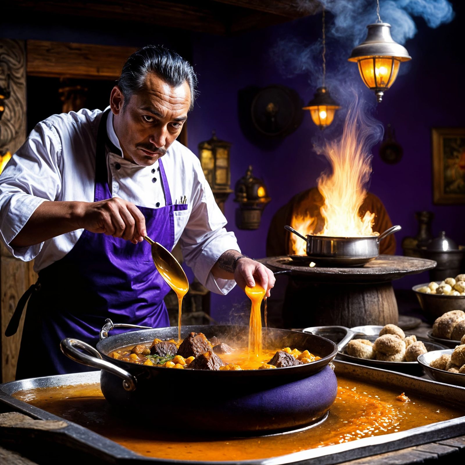 Chef Prepares Surreal Lion Stew, Cinematic Film Still