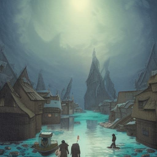 Ultra-detailed, inspired by Studio Ghibli and Caspar David Friedrich. A submerged village, peeking through the clear icy...