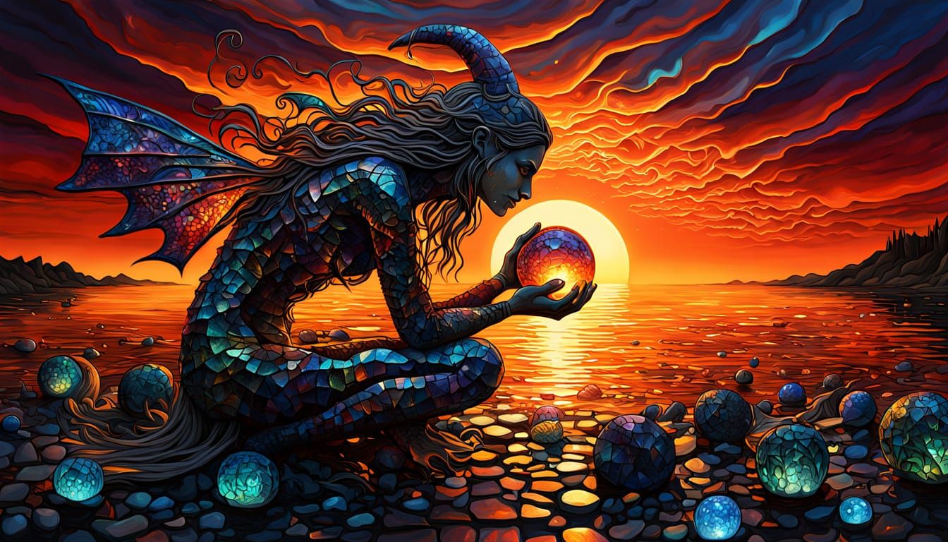 Witch Assembling Stone Fragments at Sunset, Bio-Art Style