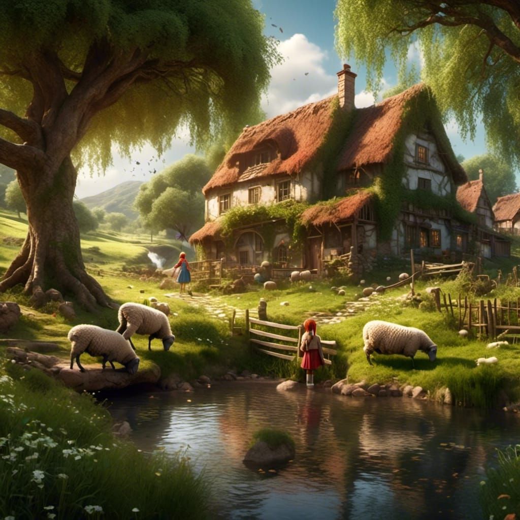 Idyllic English Cottage Scene with Grazing Sheep