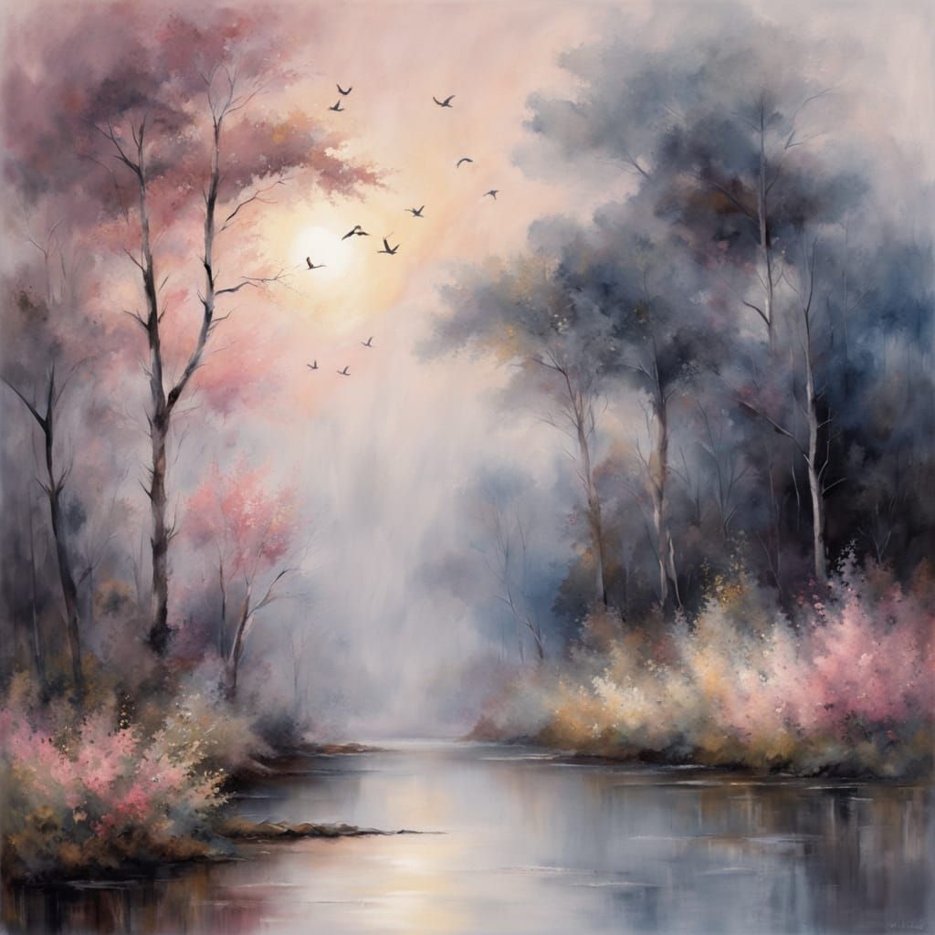 Misty forest with birds