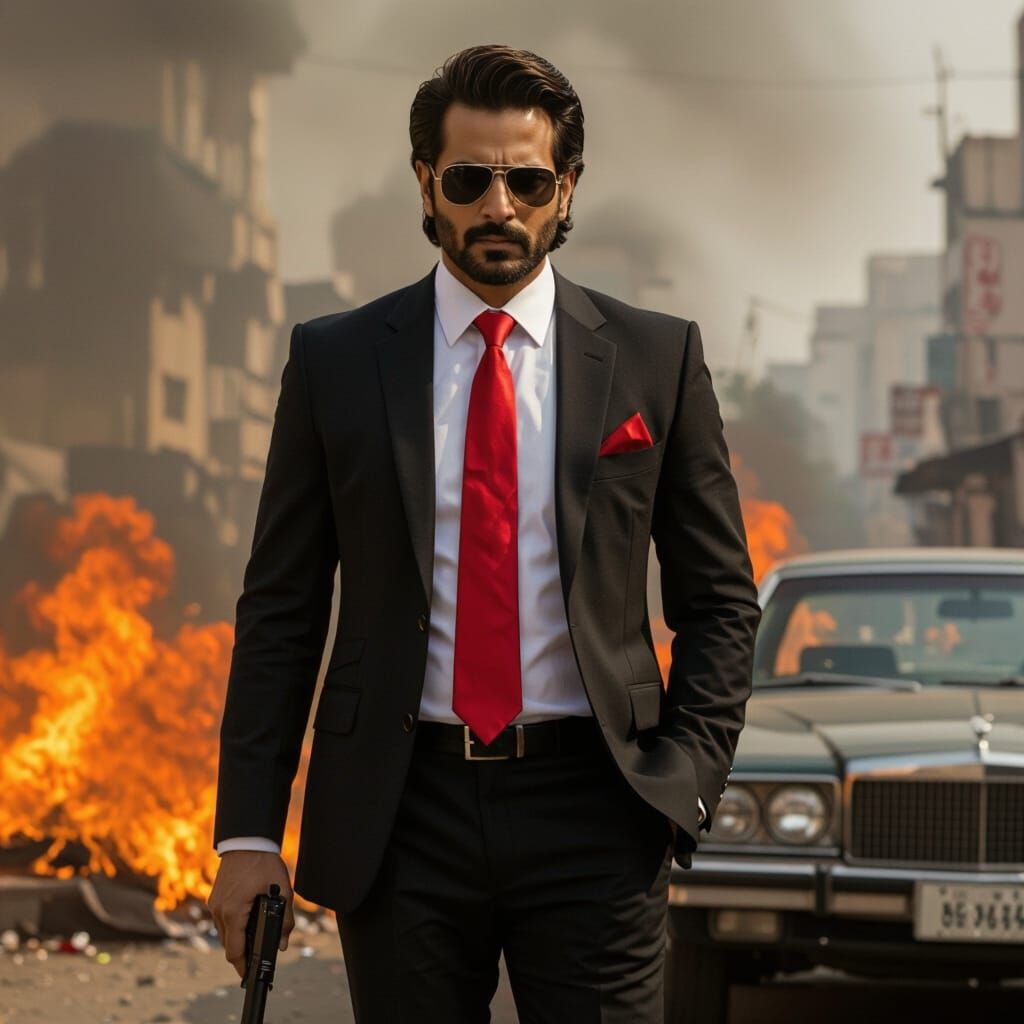 Dramatic Film Still of Indian Man in Burning City