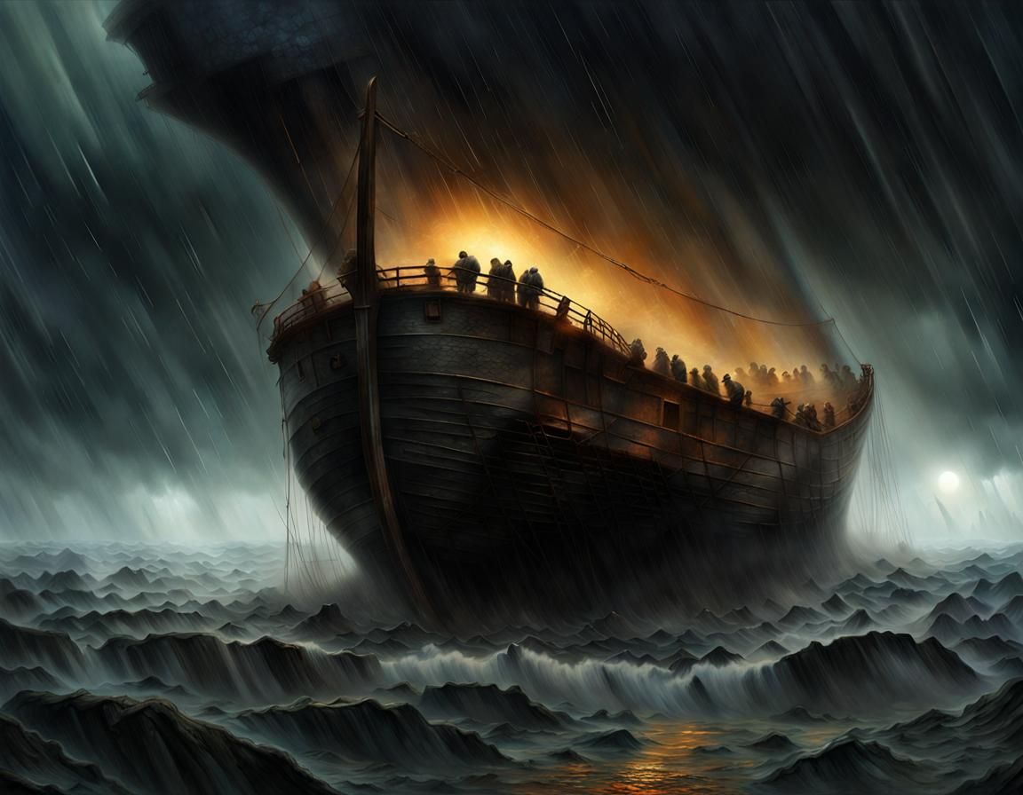 Noah's Ark in a Storm: Hyperrealistic Dark Oil Painting