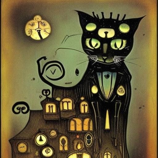 Black Cat in Gustav Klimt Storybook Style