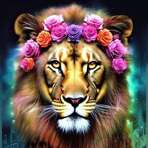Ferocious Lion with Roses: Digital Fantasy Art