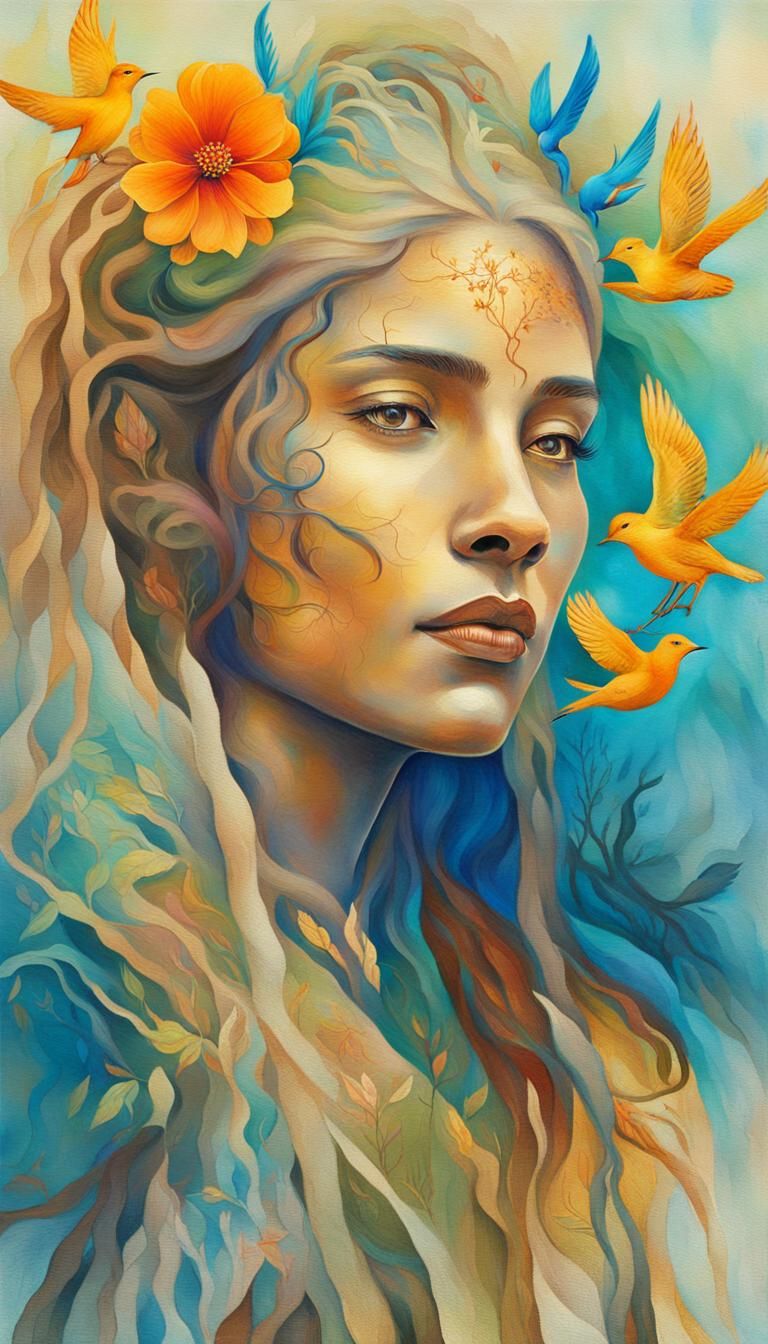 Pagan Woman with Roots, Birds and Deer Logo