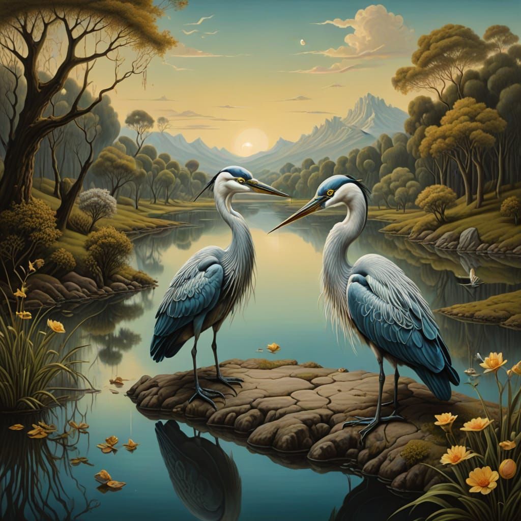 Surreal Cartoon Herons on Tranquil Riverbank