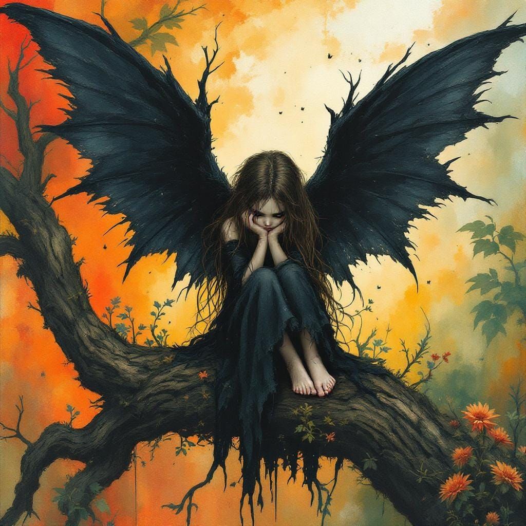 Melancholic Fairy on Branch in Gothic Style