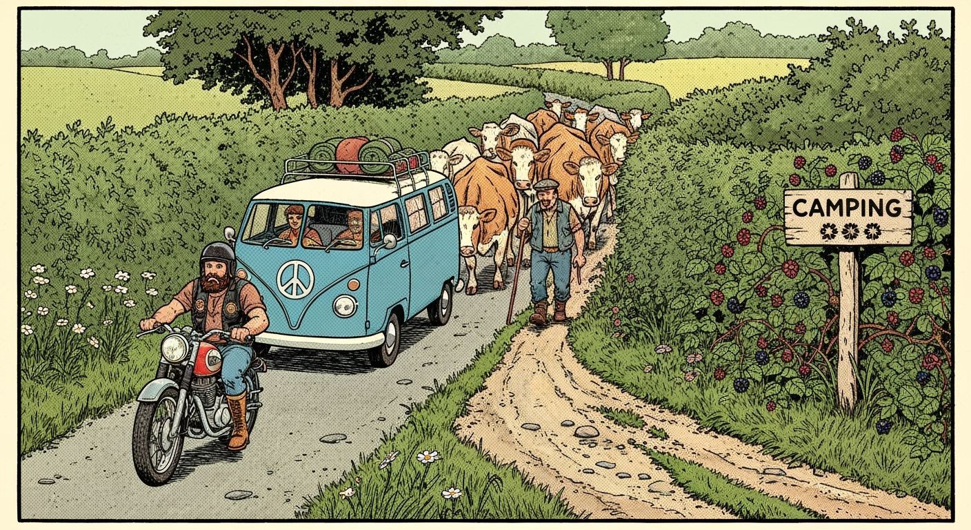 Vintage Comic: Cows Blocking Hippie Van on Country Lane