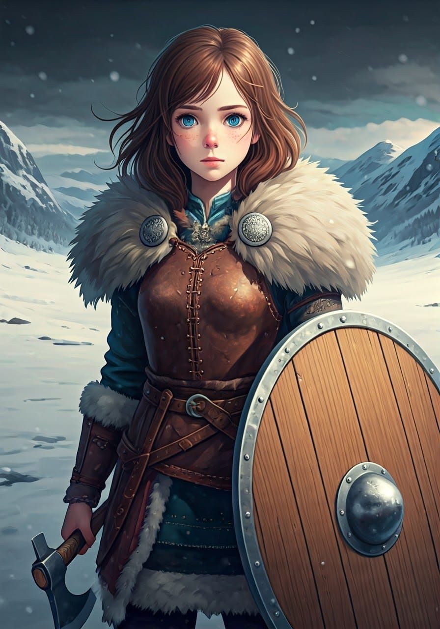 Viking Girl in Snowy Landscape, Anime Style