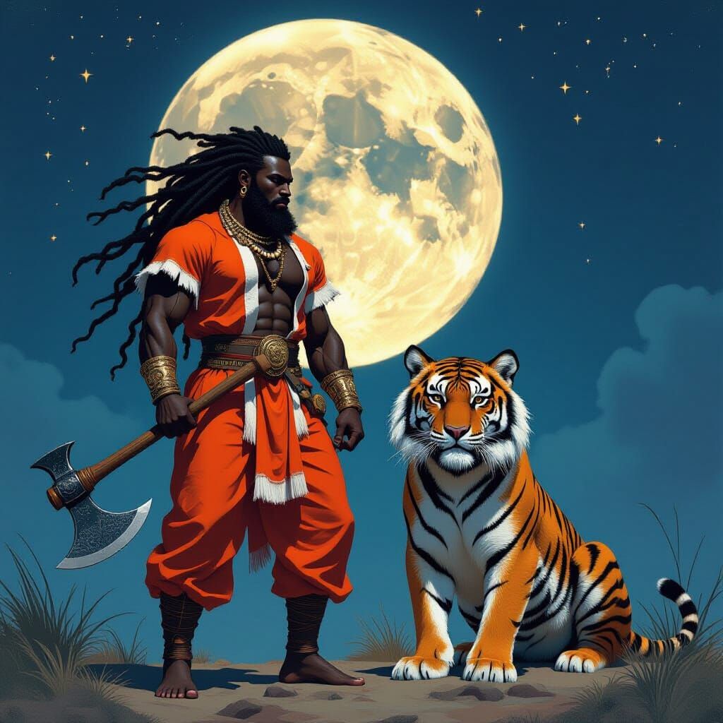 African Warrior and Tiger Under Full Moon