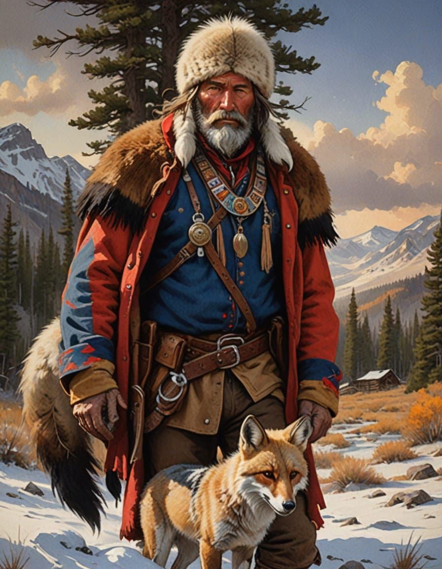 Mountain Man in Vintage Attire Stands Proud Against Majestic...