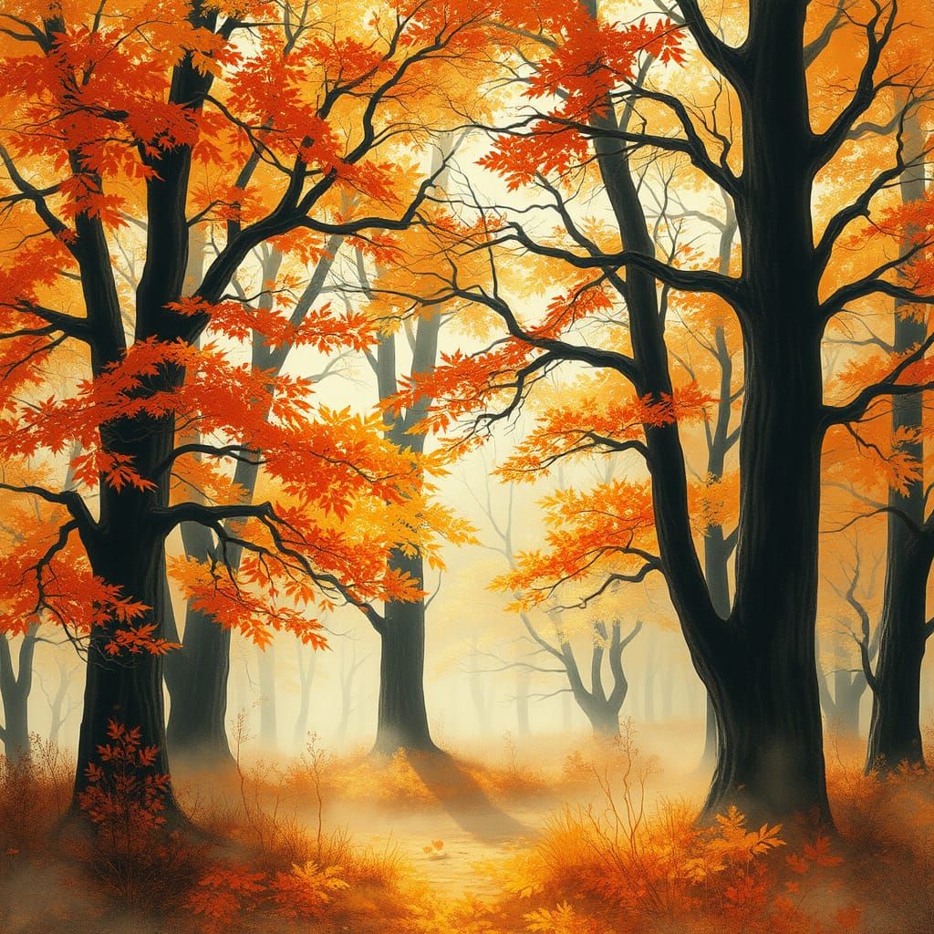 Autumn Woodland Scene in Expressive Charcoal Style