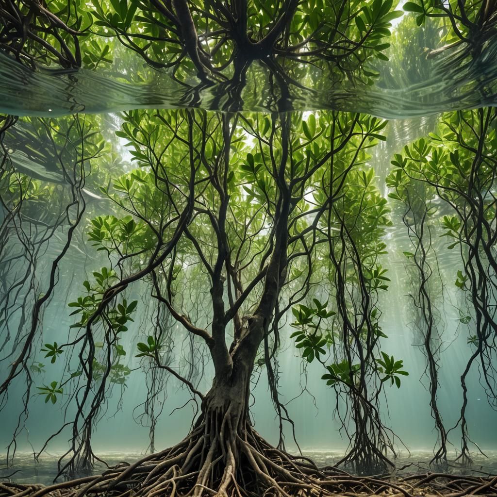 Split View of Mangrove Foliage and Underwater Roots
