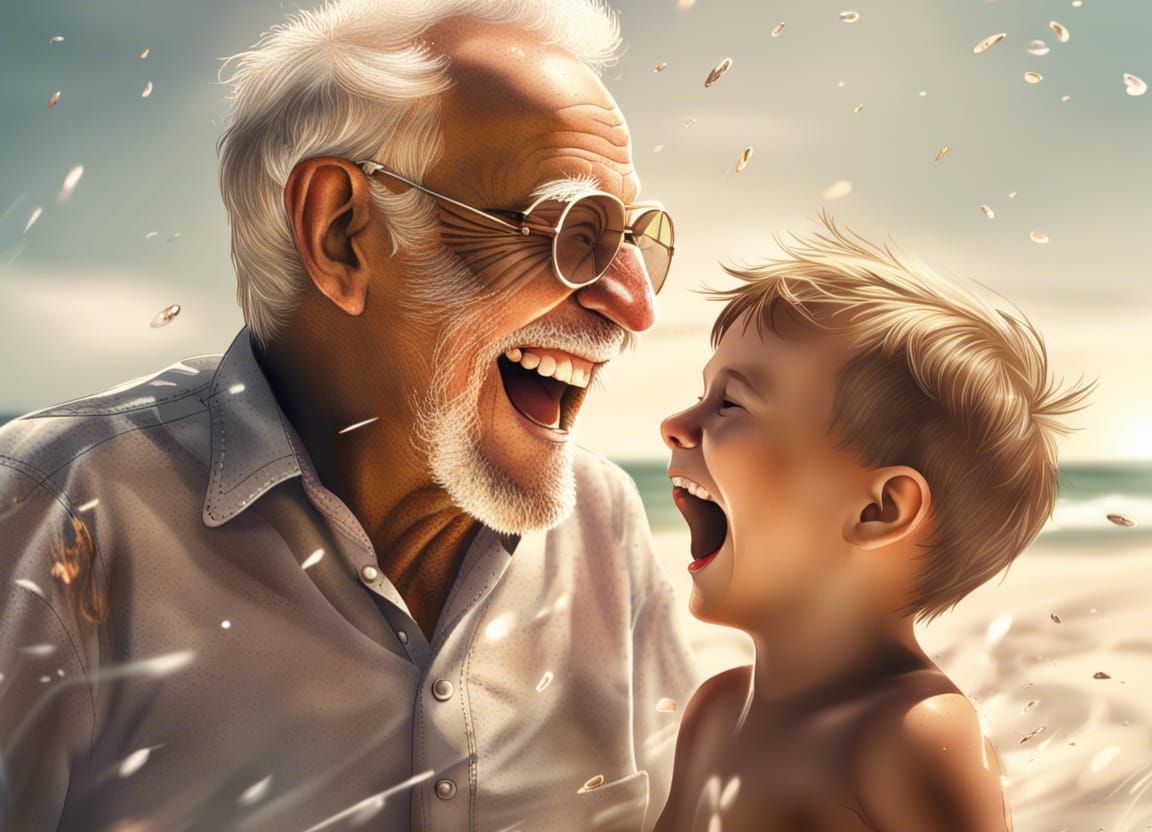 Grandfather and Grandson Laughing on Summer Beach