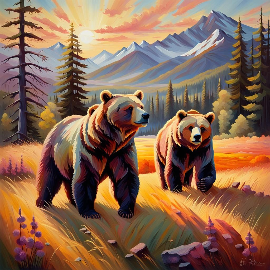 Bears in Golden Meadow: An Oil Painting Landscape