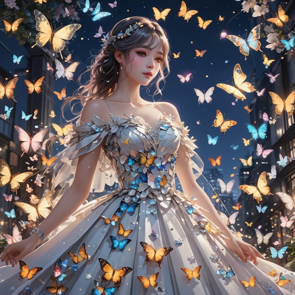 Woman in Gown with Butterflies: Anime Art