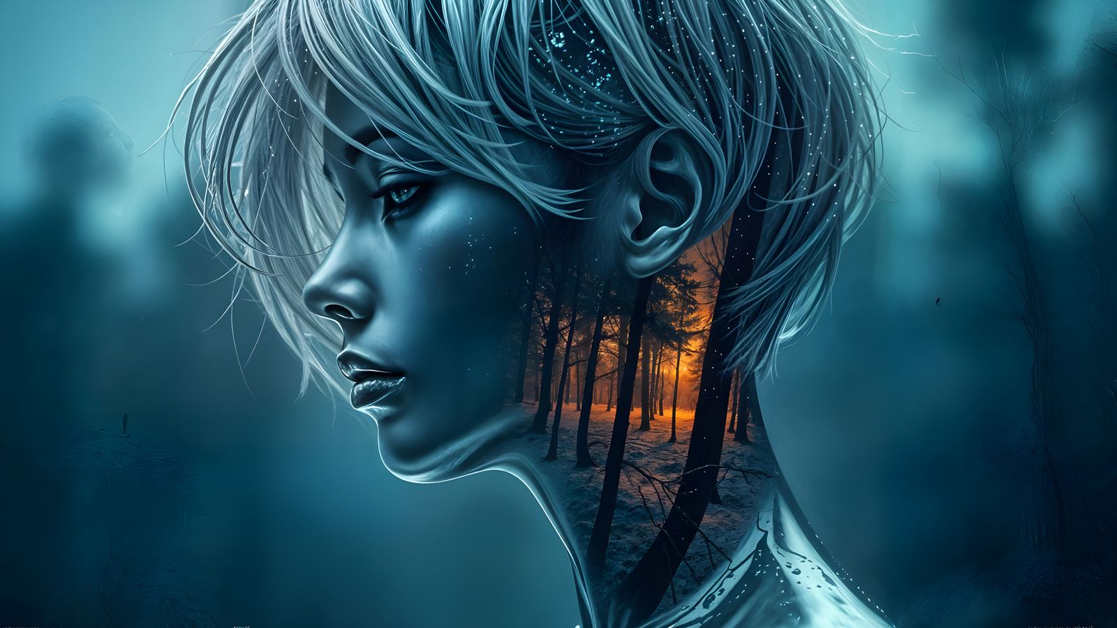 Metallic Figure Portrait with Winter Forest Silhouette