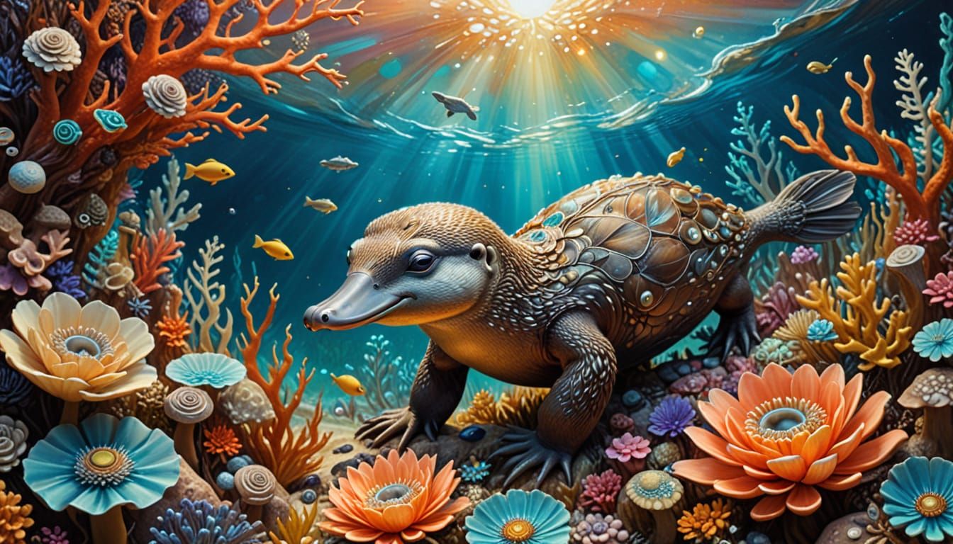 Baby Platypus and Duckling in Surreal Coral Reef