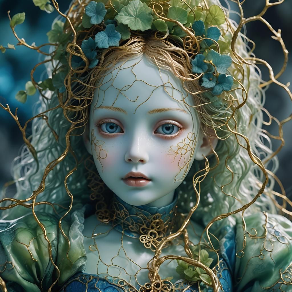Surreal Porcelain Doll Entwined in Glowing Vines