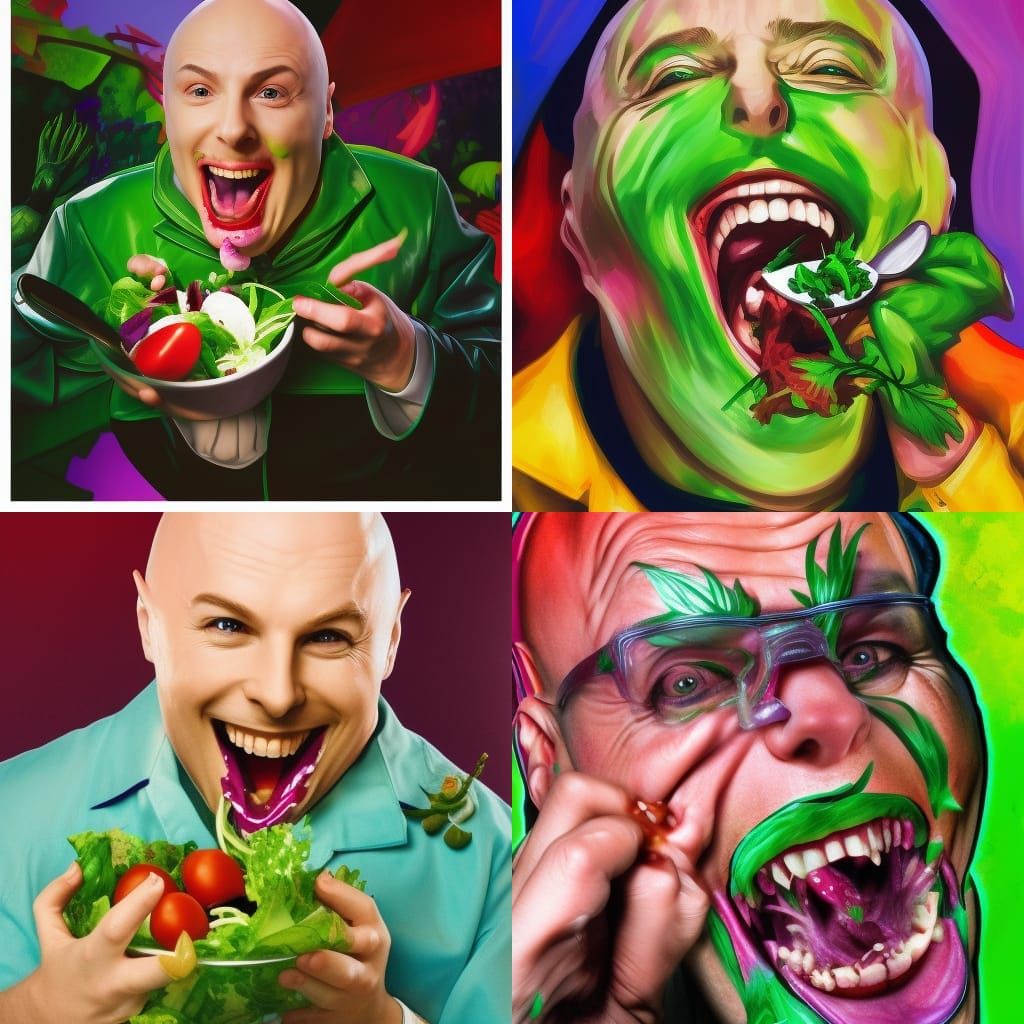 Dr. Evil Laughing: Hyperrealistic Salad Eating