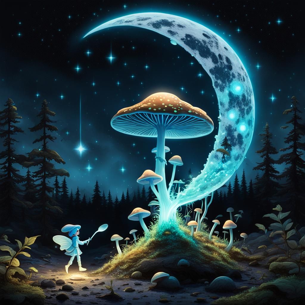 Glowing Mushroom Character's Fairy Tale Moon Flight