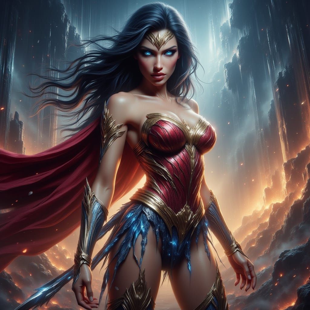 Wonder Woman in Heroic Pose with Vibrant Colors